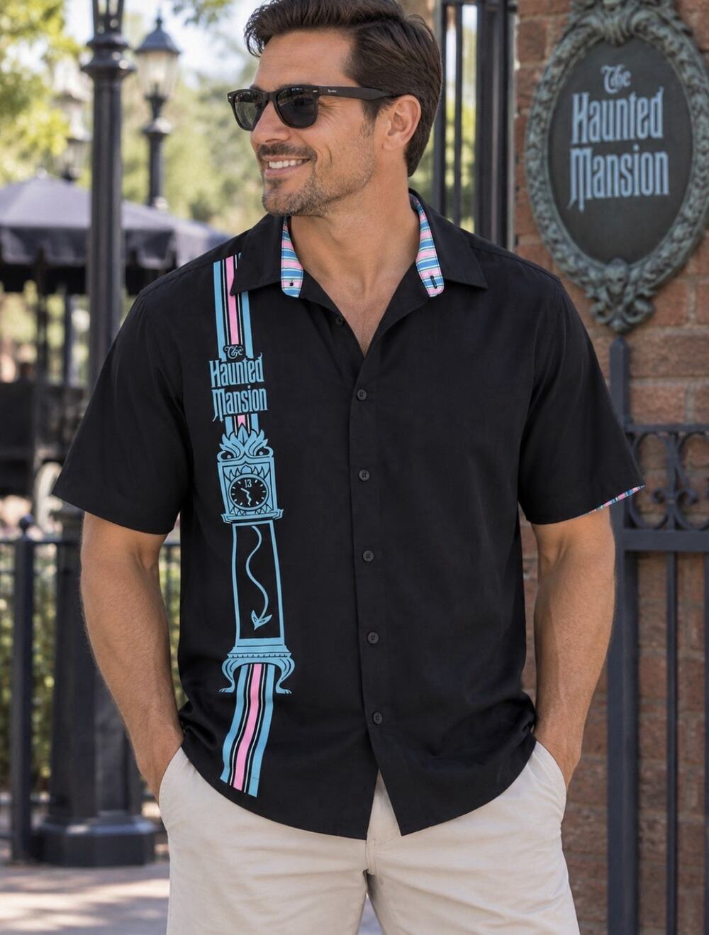 Disney Black Teal Button Front The Haunted Mansion Camp Shirt Sz L Men’s